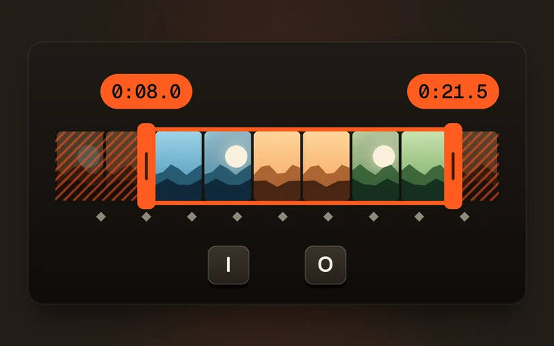 La línea de tiempo con los controles naranjas en 0:08.0 y 0:21.5, los fotogramas clave debajo y las teclas I y O que fijan el inicio y el final.