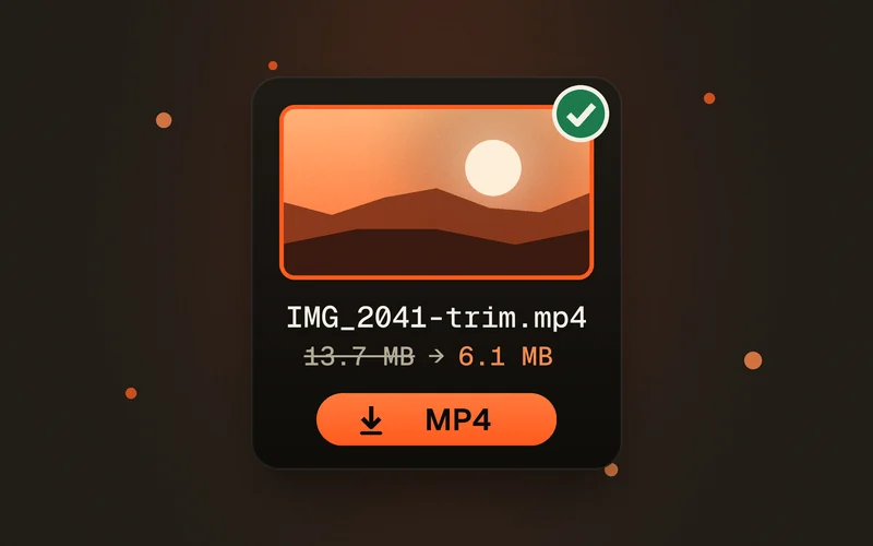 El archivo terminado IMG_2041-trim.mp4 con una marca de verificación, de 13,7 MB a 6,1 MB, y un botón para descargar el MP4.