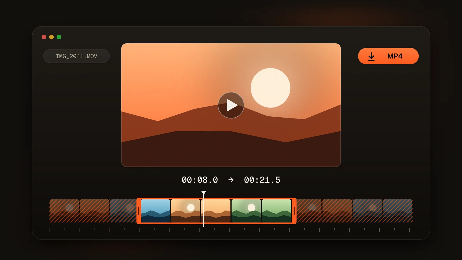 El editor de QuickVideoCutter.com: la vista previa de un video, los tiempos 00:08.0 a 00:21.5 y una línea de tiempo donde los controles naranjas conservan el centro y los extremos cortados aparecen rayados.